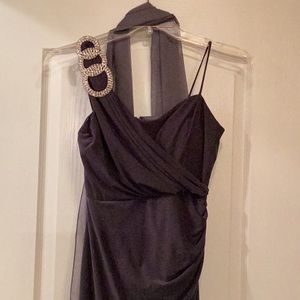 Grey long dress with sheer scarf.  Great for prom or wedding